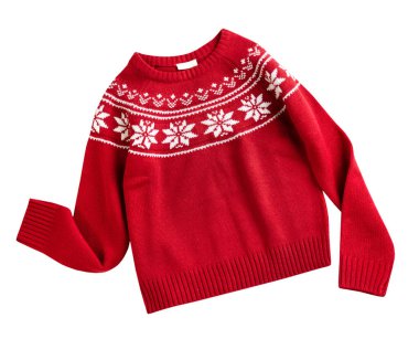 Kırmızı örülmüş Noel süveteri beyaz, kış tatili kıyafetlerine izole edilmiş. Yeni yıl sembolü. Örgü. Geleneksel süveter.
