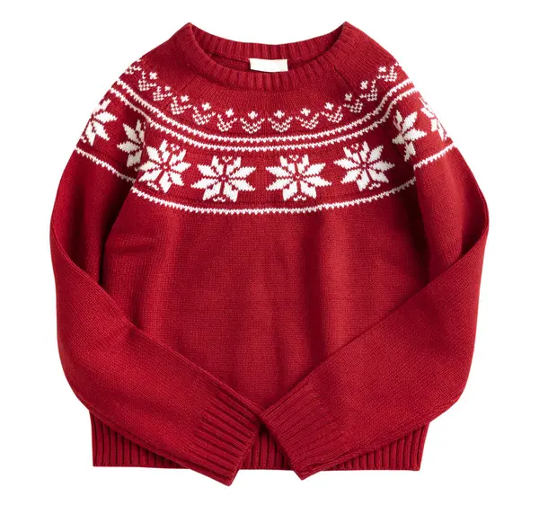 クリスマスの赤い編まれたセーターは白で分離しました ホリデーニットウェア 伝統的な新年オーダーされたプルオーバー ストック画像
