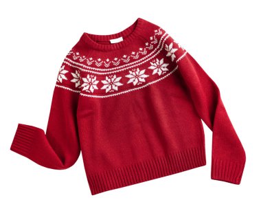 Kırmızı örülmüş Noel süveteri beyaz, kış tatili kıyafetlerine izole edilmiş. Yeni yıl sembolü. Örgü. Geleneksel süveter.