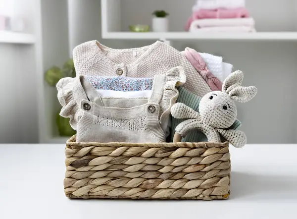 Baby organic stuff, clothes set in basket indoors.Maternity concept.Nursery,Newborn supplies. Pastel knitted infant clothing.