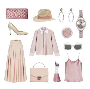 Beyaz üzerine izole edilmiş zarif kadın kıyafetleri. Kadın giyimi seti. Bej rengi, pembe kıyafetler. Güzel moda kıyafeti..