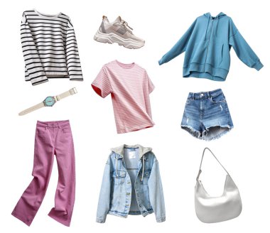 Moda kadın kıyafetleri, izole edilmiş set, beyaz arka planda kız kıyafetleri koleksiyonu. Kadın modası uçuş kıyafetleri.