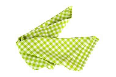 Yeşil kareli kumaş beyaz üzerine katlanmış. Buruşmuş gingham masa örtüsü. Piknik peçetesi. Mutfak havlusu.