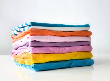 Beyaz masanın üzerinde bir yığın renkli kıyafet var. Yakın plan. Giysi yığını, katlanmış giyim..