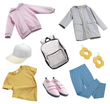 İzole edilmiş küçük çocuk kıyafetleri, kız kıyafetleri koleksiyonu. Moda çocuk kıyafetleri, giysi ve aksesuar kolajı..