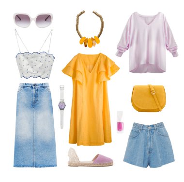 Yazın parlak kadın kıyafetleri beyaza sabitlenir. Kadın giyim koleksiyonu. Renkli bir bayan kıyafeti. Moda giyimi kolajı.