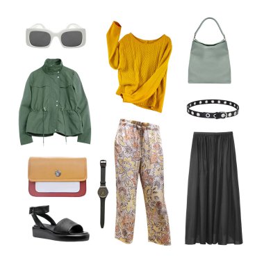 Moda kadın kıyafetleri beyaz, renkli giysi koleksiyonuna izole edilmiş. Hanımefendinin giysileri. Süslü kıyafet kolajı..