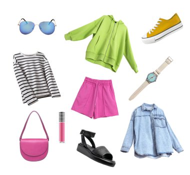 Beyaz tenli kadın kıyafetleri. Kadın giysileri seti. Parlak uçuş kıyafetleri koleksiyonu. Kız giyim kolajı.