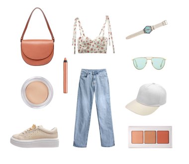 Yazlık kadın kıyafetleri, izole edilmiş moda kıyafetleri koleksiyonu. Moda tarzı, şık kadın kıyafetleri. Üst ve kot.