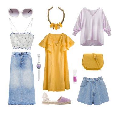 Yazın parlak kadın kıyafetleri beyaza sabitlenir. Kadın giyim koleksiyonu. Renkli bir bayan kıyafeti. Moda giyimi kolajı.