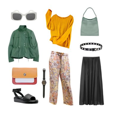 Moda kadın kıyafetleri beyaz, renkli giysi koleksiyonuna izole edilmiş. Hanımefendinin giysileri. Süslü kıyafet kolajı..