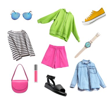 Beyaz tenli kadın kıyafetleri. Kadın giysileri seti. Parlak uçuş kıyafetleri koleksiyonu. Kız giyim kolajı.