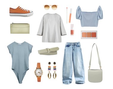 Moda kadın kıyafetleri kolajı izole edildi. Kadın kıyafetleri, kıyafetler. Güzel bir yaz giysisi seti. Kız giysisi koleksiyonu.