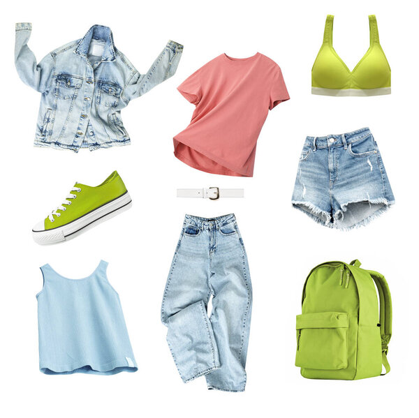 Fashion female clothes set, outfit,summer clothing collection isolated on white. Collage of trendy garment.Sport's wear.