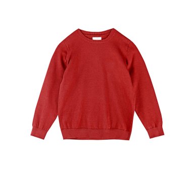 Kırmızı erkek kazak beyaz arkaplandaki nesneyi izole etti. Noel 'de boş süveter. Erkek giysisi. Örgü tekstil. Erkek kıyafetleri..