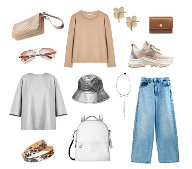 Kadın kıyafetleri beyaz, üniformalı, kot pantolonlu ve üstsüz. Moda giysiler koleksiyonu, pamuk giysi.