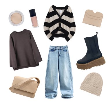 Kadın kıyafetleri koleksiyonu beyaza izole edilmiş. Kot pantolon ve aksesuarlı süveter. Kadın kıyafeti..