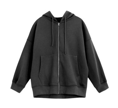 Siyah kapüşonlu kapüşonlu beyaz. Günlük eşofman üstü, spor giyim. Unisex fermuar ön görünümü.