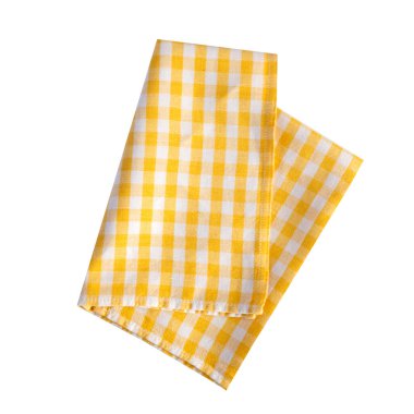 Sarı kareli kumaş beyaz üzerine izole edilmiş. Masa örtüsü, piknik peçetesi. Yiyecek dekor elementi.