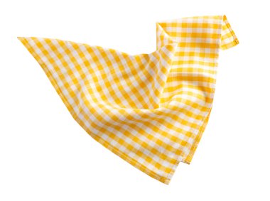 Gıda dekoru elementi, sarı kareli kumaş buruşuk, gingjam masa örtüsü izole edilmiş. Piknik havlusu..