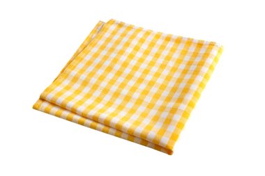 Sarı kareli kumaş beyaz üzerine izole edilmiş. Masa örtüsü, piknik peçetesi. Yiyecek dekor elementi.