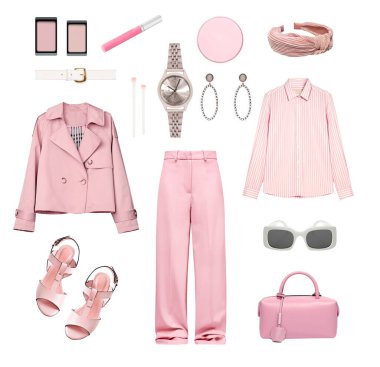 Güzel kadın kıyafetleri beyaza saçılmış. Kadın moda kolajı. Yazlık kıyafetler. Kıyafetler..