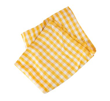 Sarı kareli masa örtüsü, pamuklu kumaş, yemek dekoru elementi izole edilmiş. Mutfak havlusu buruşmuş..