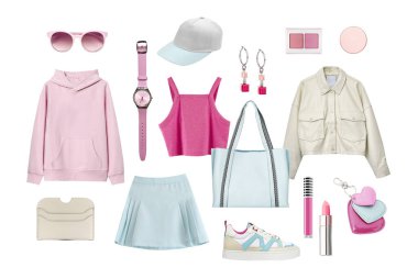 İlkbahar moda kolajı, beyaz, modaya uygun giyinen kadın kıyafetleri, pembe mavi spor kıyafetleri, günlük kıyafetler. Hiç kimse, itiraz yok..