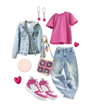 Moda kadın kıyafetleri beyaz, kadın kıyafetleri koleksiyonu, parlak kot pantolon, pembe kumaş takımı, kız giysisi. Hiç kimse, itiraz yok..