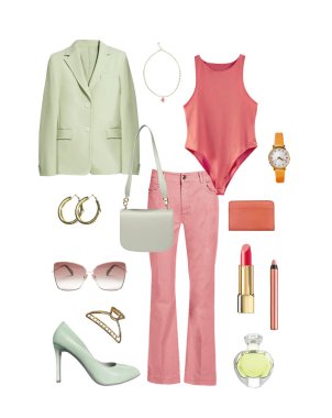 Kadın bahar tarzı kıyafet koleksiyonu beyazlara izole edilmiş. Parlak kadın kıyafetleri ve aksesuarları. Moda kıyafeti..