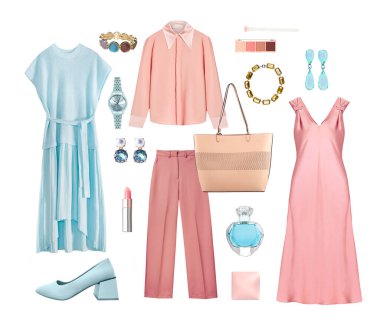 Moda kadın kıyafetleri koleksiyonu, beyaz üzerine izole edilmiş kadın giysileri. Şık giysi, kolaj. Güzel görünüş, kıyafet. Model..