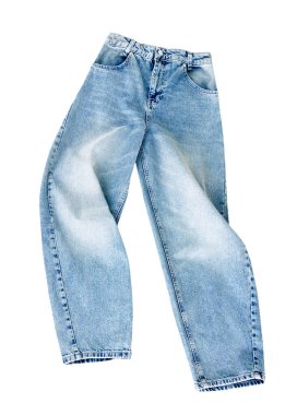 Mavi renkli kotlar beyazda izole edildi. Kimse, nesneler. Moda giysileri, pantolonlar..