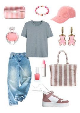 Güzel genç kız kıyafetleri, şık şehir tarzı kıyafetler, kadın giysileri seti, kot pantolon ve gömlek, moda kıyafetleri koleksiyonu. Hiç kimse, itiraz.