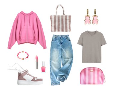 Moda kadın giysi koleksiyonu beyazda izole edildi. Kadın giysisi kesimi. Pembe kapüşonlu ve kotlu, modaya uygun kıyafetler, kadın giysisi seti..