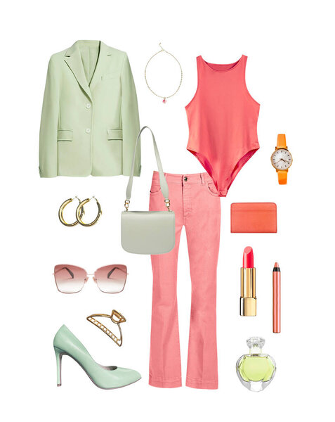 Женская летняя весенняя коллекция одежды изолирована на white.Bright женской одежды и аксессуаров. Trendy outfit.Fashion look.