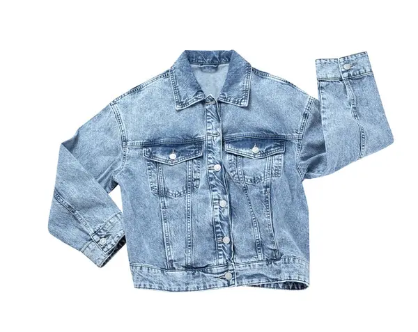 Kot ceketi beyaz kimsede izole edilmemiş, modaya uygun kot kıyafetler, tek bir nesne. Mavi kumullar düz uzanıyordu.