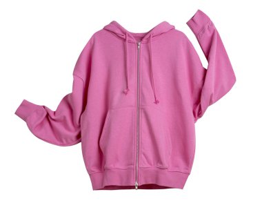 Jersey kapüşonlusu soyutlanmış, pembe uçan fermuarlı. Kadın kıyafetleri. Tek nesne. Kadın fermuarlı kazak..