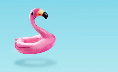 Yaz tatili afişi, pembe flamingo boş uzay mavisi arka plan. Havuz partisi, plaj tatili konsepti, turist tatil beldesi tasarımı. İtiraz ediyorum..