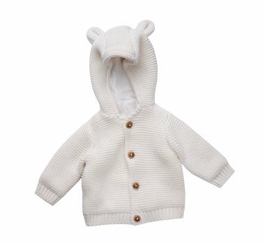 Bebek beyazı örülmüş hırka beyazda izole edilmiş. Kış bebek kıyafetleri. İtiraz ediyorum..