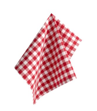 Kontrol edilen kırmızı bez beyaz üzerine izole edildi. Piknik katlanmış peçete tasarımı elementi. Mutfak havlusu..