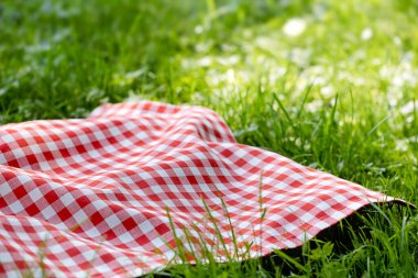 Kırmızı, yeşil çimlerde kumaş, kareli piknik havlusu boş uzay yemeği reklamı tasarımı. Çimenlikteki masa örtüsü.
