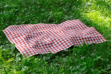 Kırmızı piknik havlusu ekose yeşil çimlerde, yemek reklamı boş. Masaüstü. Kır kıyafetleri. Dışarıda masa örtüsü..