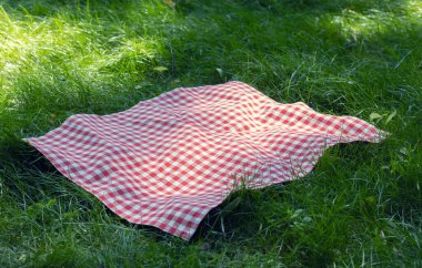 Kırmızı kareli piknik havlusu çimenlerin üzerinde ekose kumaş, açık havada masa örtüsü. Yemek reklamı yaz şablonu..