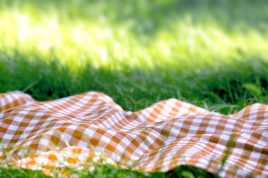 Turuncu kareli piknik havlusu çimenlerin üzerinde ekose, masa örtüsü açık havada yemek reklamı yaz şablonu, fon şablonu.