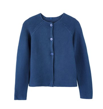 Mavi örülü üniforma, beyaz üzerine izole edilmiş bir ceket, kızın okul kıyafeti. Düğmeli hırka. İtiraz ediyorum..