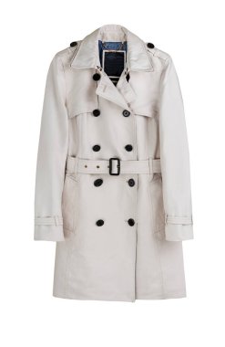 Trençkotun bej rengi beyaz, kadın kıyafetlerinde izole edilmiş. Kadın kıyafetleri, moda kıyafetleri, tek bir eşya. Kimse..