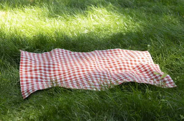 Çimenlerdeki piknik örtüsü boş fotokopi alanı yiyecek arka planı. Dışarıdaki çimenlikte masa örtüsü. Kırmızı kareli kumaş.