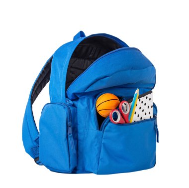 Mavi sırt çantası beyaz, sırt çantası açık, okul çantası açık. Tek bir nesne. Okul malzemeleri, eşyalar..