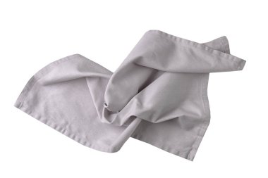 Gri buruşmuş masa örtüsü, izole edilmiş mutfak havlusu. Gri kumaş kesimi. Nesne.