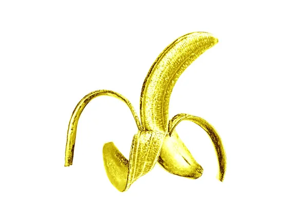 白い背景に隔離されたポップアートスタイルの光沢のある金の皮をむいたバナナ — ストック写真